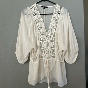 Sheer Embroidered V-Neck Tie-Waist Top - Ivory
